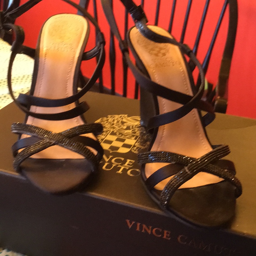 Vince camuto black satin dress wedge
